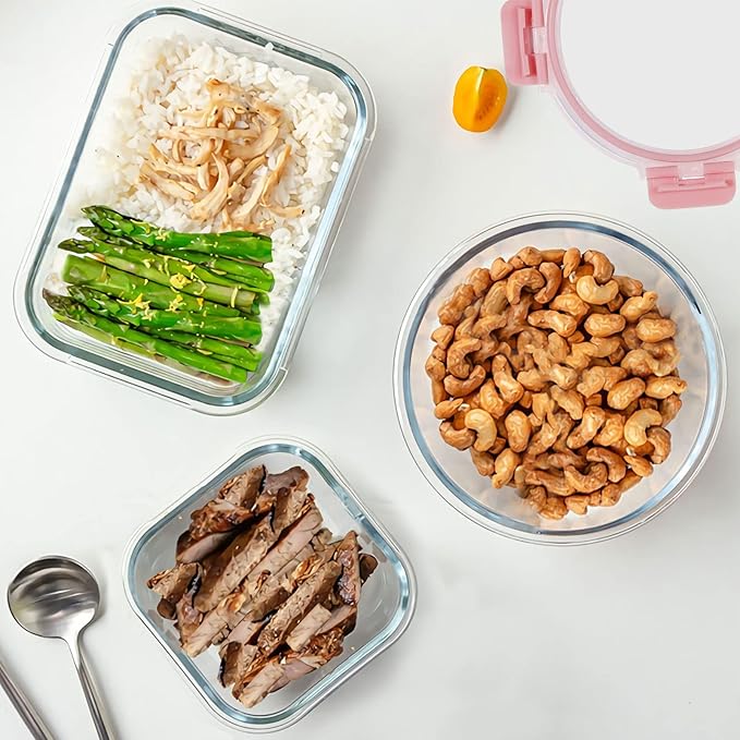 30 Pieces Glass Food Storage Containers Set, Glass Meal Prep Containers Set with Snap Locking Lids, Airtight Glass lunch Containers, Microwave, Oven, Freezer & Dishwasher,Pink