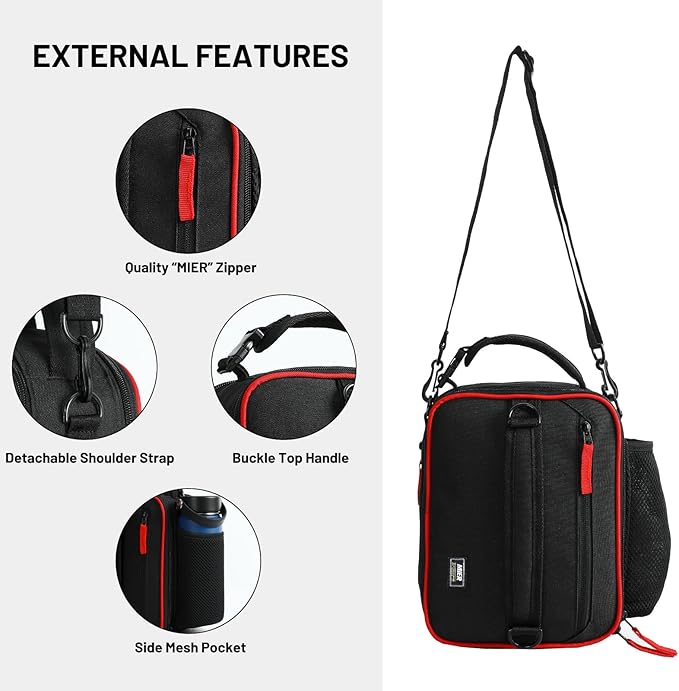 MIER Expandable Lunch Bag Insulated Lunch Box for Men to Work Travel Portable Lunchbox Bags with Shoulder Strap and Water Bottle Holder(Black/Red)