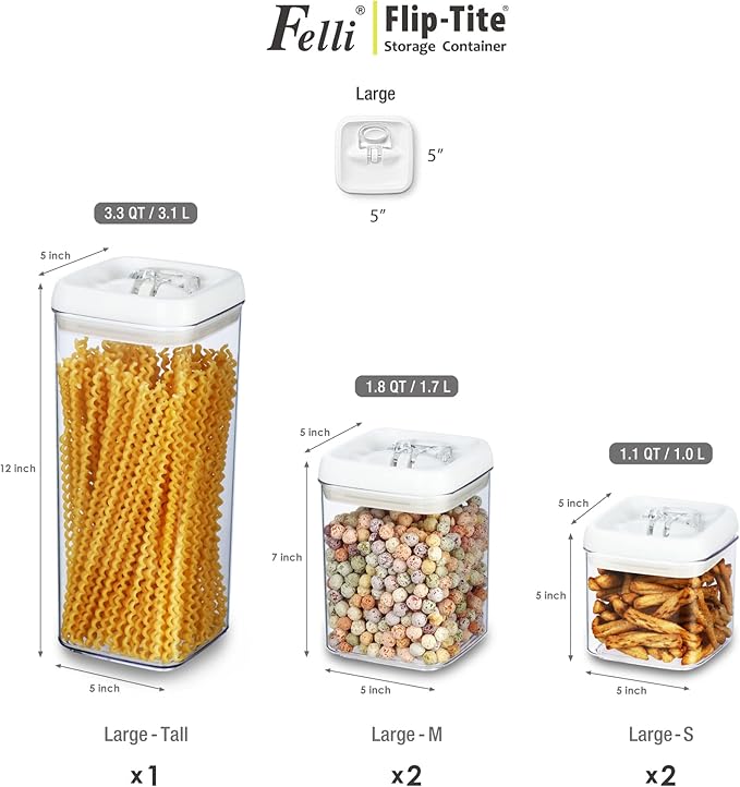 Felli Flip Tite Food Storage Container 5" LARGE 5pk Set + No Residue Label, Airtight Lid Easy Lock Top Stackable, Plastic Canister Jar for Pantry Kitchen Fridge Organizer Pasta Protein Powder Spice