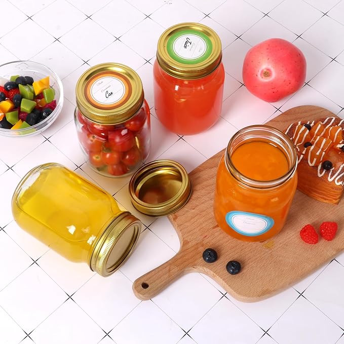 Mason Jars 16 oz with Gold Lids and Bands, 15 Pack Canning Jars, Clear Regular Mouth Glass Jars for Canning and Fermenting, Labels & Brusher Included - Microwave & Dishwasher Safe