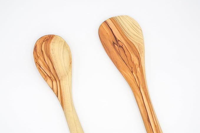 Olive Wood Spoon & Curved Spatula (10 Inch Set of 2 Pieces), Perfect for Camping & Daily Cooking Choice - Wooden Utensils, Turner/Spatula/Spoon, From Bethlehem