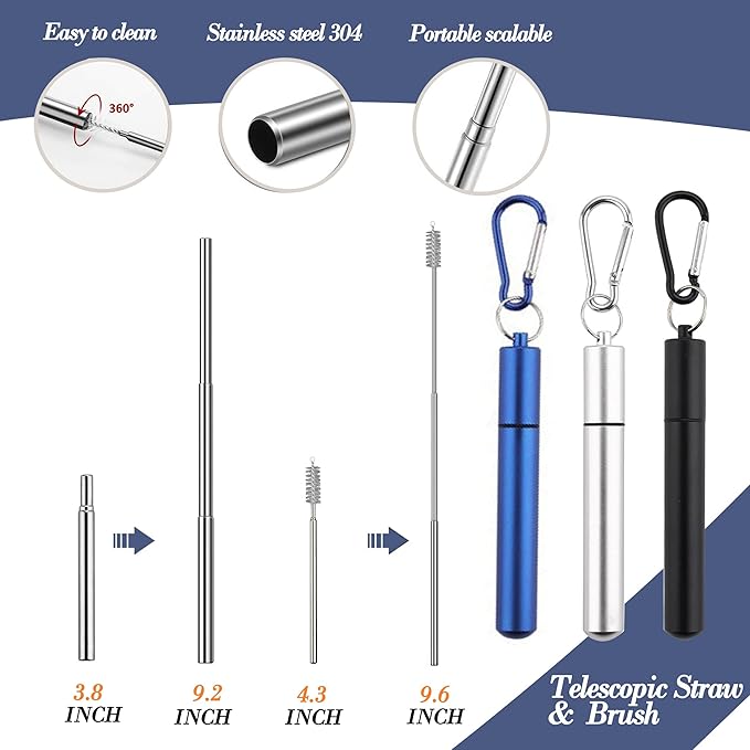 Portable Travel Reusable Utensils Silverware with Case,Travel Camping Cutlery set,Chopsticks and Straw Flatware, Stainless steel Travel Utensil set (Blue) Up