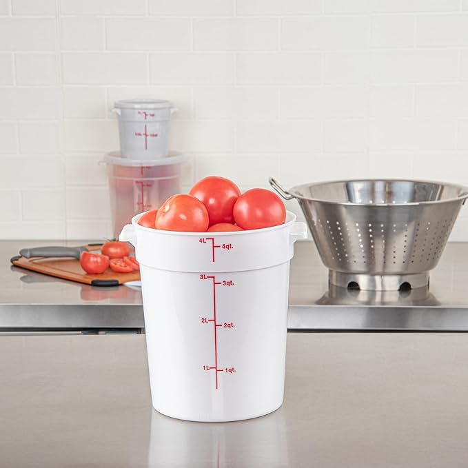 Restaurantware-Met Lux 4 Quart Food Storage Containers, 10 White Storage Containers - Lids Sold Separately, Red Volume Markers, Dishwashable Containers, Side Handles, For Storing Foods
