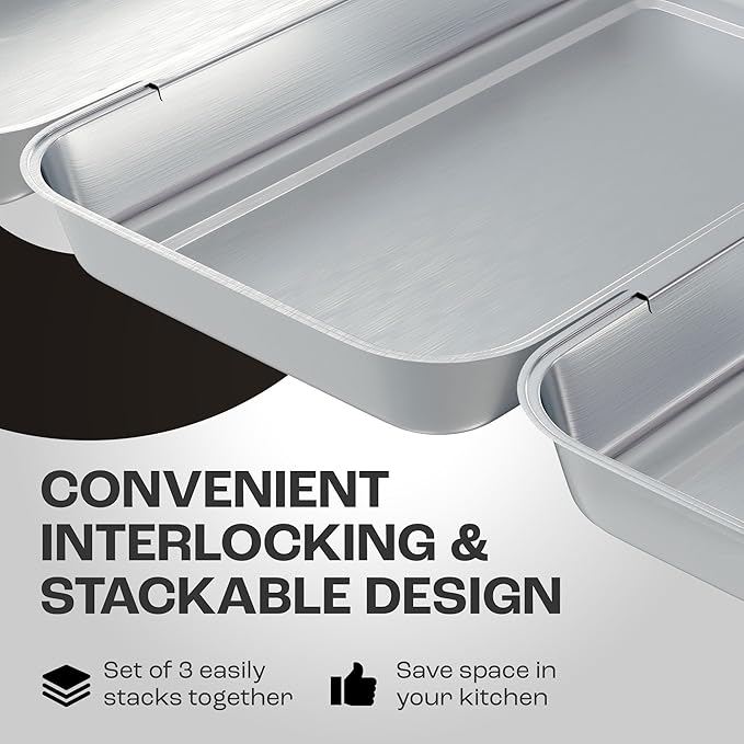Set of 3 Larger Interlocking Breading Trays | 10.4" x 6.1" x 1.2" | Stackable Dredging Trays for Breading, Marinating, Roasting | Non-Toxic Stainless Steel Breading Pans | Oven & Dishwasher Safe
