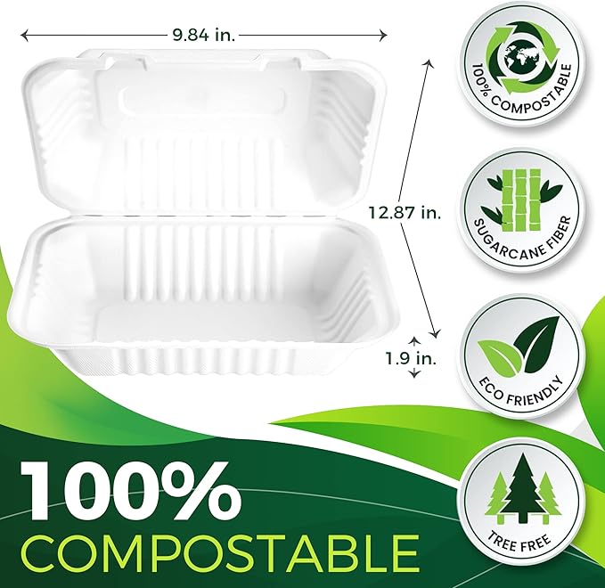 75 Pack 9”x6” Take Out Containers with Lids, EXTRA Sturdy To Go Food Containers, 100% Compostable Clamshell Take Out Containers, To Go Boxes for Food