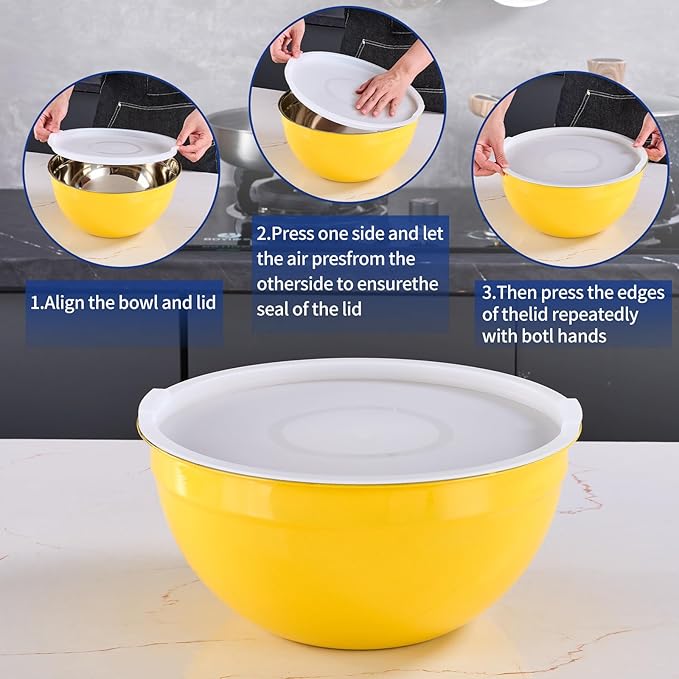 Yellow Mixing Bowls With Airtight Lids,Stainless Steel Bowl,Salad Bowls 7 Piece Colorful Nesting Bowl Rainbow Kitchen Accessories,Size 7,3.6,2.7,2.1,1.5,1.1,0.8QT Stackable Design