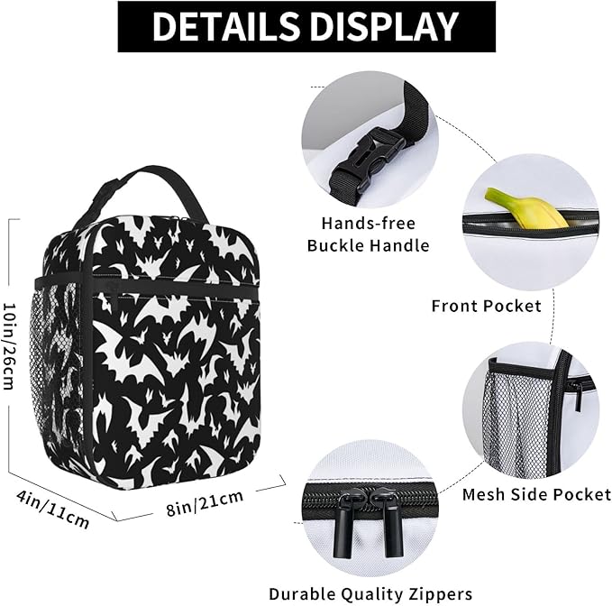 YETTA YANG Halloween Bat Cool Portable Lunch Bag Insulated Lunch Box Reusable Totes For Women Men Work Picnic Camping