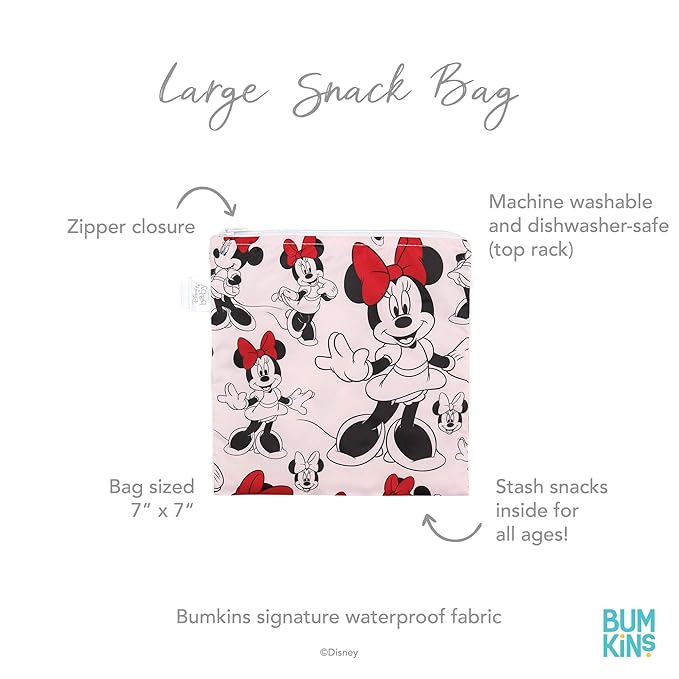 Bumkins Disney Reusable Sandwich and Snack Bags, for Kids School Lunch and for Adults Portion, Washable Fabric, Waterproof Cloth Zip Bag, Travel Pouch, Food-Safe, Large, Minnie Mouse Classic