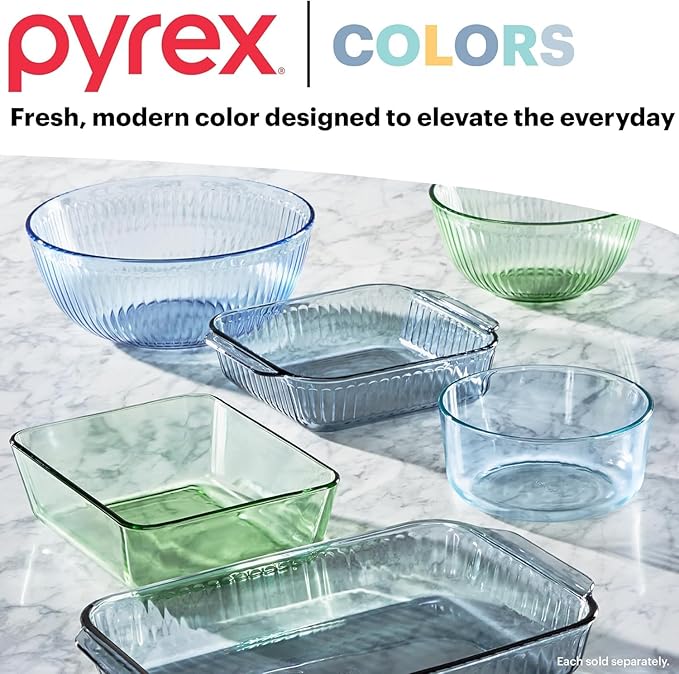 Pyrex Colors (6-Pack, Full Set) Tinted Glass Food Storage Container Set, Snug Fit Non-Toxic Plastic BPA-Free Lids, Freezer Dishwasher Microwave Safe, 3 Cup, 6 Cup & 11