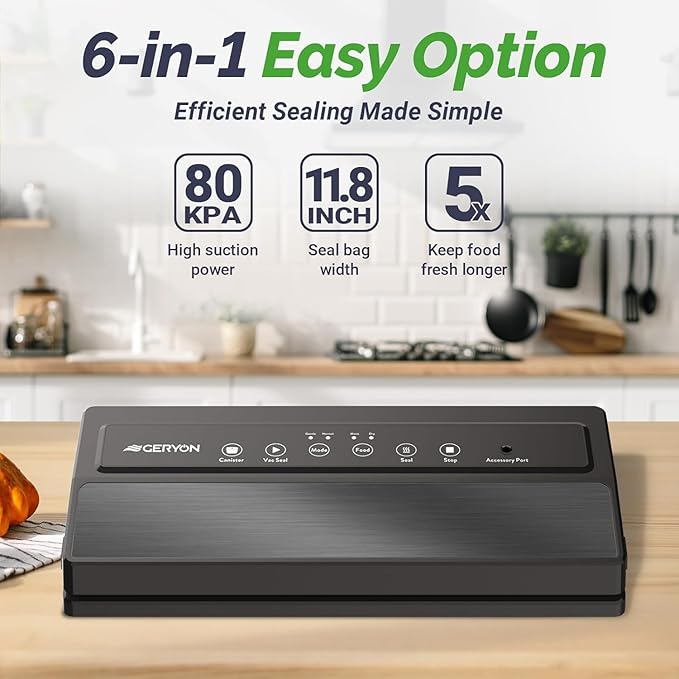 GERYON Vacuum Sealer Machine, Food Vacuum Sealer with Powerful Suction | Slim Design | Easy to Use | Led Indicator Lights for Sous Vide, Meal Prep, w/Starter Kits for Vacuum Seal Container