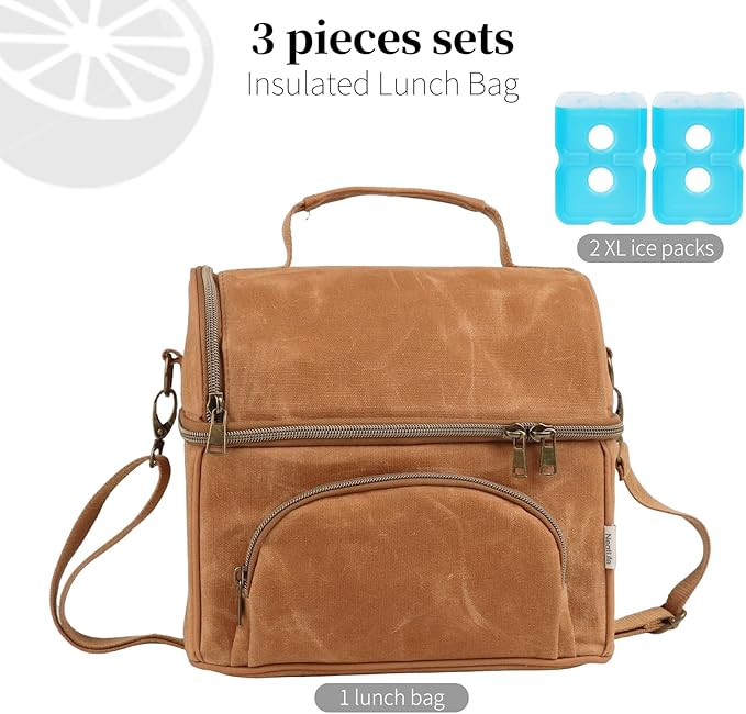 Lunch Box For Men with 2 XL icepacks Sturdy Waxed Canvas Lunch Bag for Men, Soft Cooler Bag for Construction Sites,Work,Picnic and Hiking12-Can(10.5L) 10"x9.5"x7" (Biscuit Yellow)