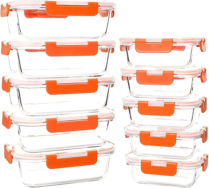 10 Pack Glass Meal Prep Containers Set, Food Storage Containers with Airtight Lids, Glass Lunch Bento Boxes,Dishwasher Safe,orange