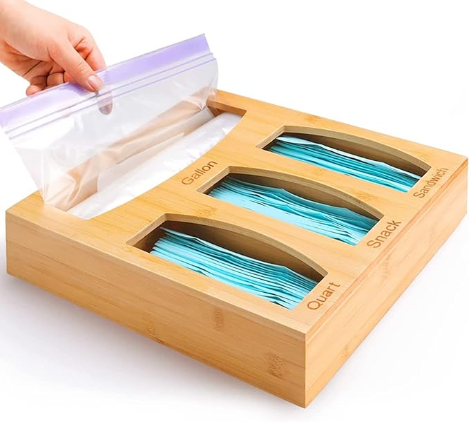 Food Bag Storage Organizer For Kitchen Drawer, Bamboo Baggie Holder,Solimo,Glad,Hefty For Gallon, Quart, Sandwich And Snack Variety Size Bags(1 Box 4 Slots) (1)