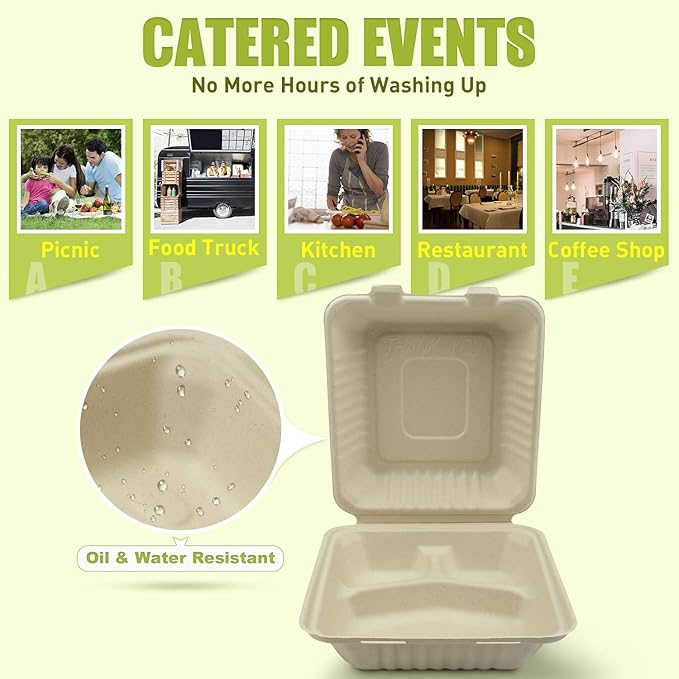 Green Earth, 8-inch, 50-Count, 3-Compartment, Compostable Clamshell, BAM ware (Bamboo Fiber), Take-Out/to-Go Food Boxes - Biodegradable Containers, Hinged Lid Microwave-Safe Gluten-Free