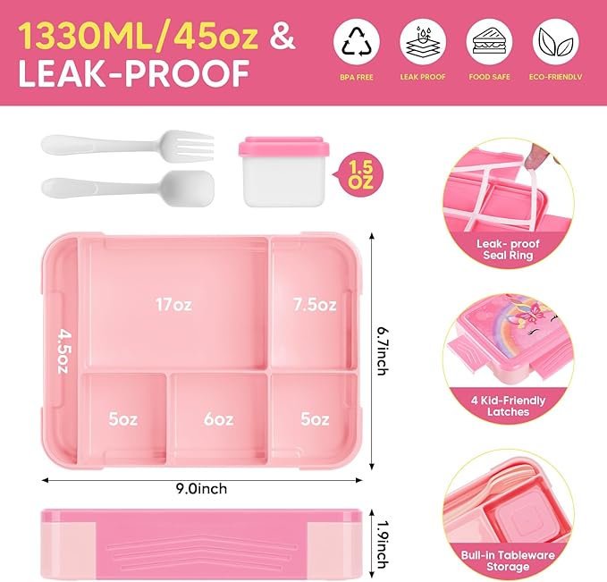 JYPS Unicorn Bento Box for Kids with Insulated Lunch Bag, Lunch box Set with kids water bottle,Sauce Container,Ice Pack,Utensils,Perfect Lunch Container for Girls and Toddlers Back to School Age 7-15