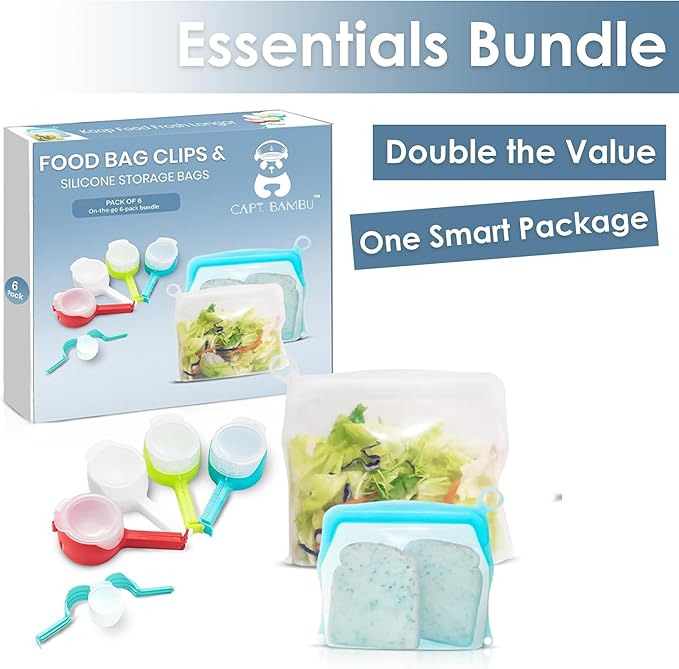Silicone Food Storage Bags & Bag Clips with Pour Spout - Pack of 6 - Reusable, BPA-Free, Leak Proof Zip Bags – Freezer, Microwave & Dishwasher Safe – Airtight Food Storage & Sealing Clips for Snacks