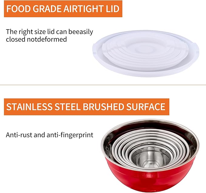 Red Mixing Bowls With Airtight Lids,Stainless Steel Bowl,Salad Bowls 7 Piece Colorful Nesting Bowl Rainbow Kitchen Accessories,Size 7,3.6,2.7,2.1,1.5,1.1,0.8QT Stackable Design