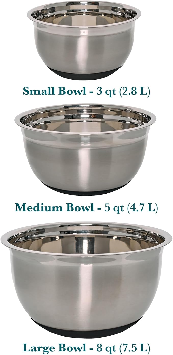 Chicago Metallic Stainless Steel Soft Base Bowls, Versatile Nesting Mixing Bowls for Every Kitchen Task, Set of 3