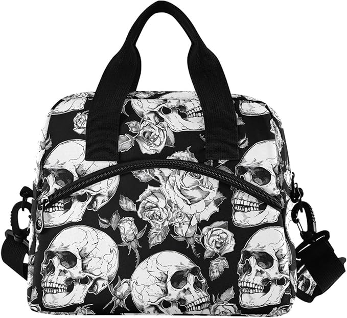 MNSRUU Insulated Lunch Bag Gothic Skulls and Flowers Women Men Fabric Dinner Tote Cooler Bag Reusable Leakproof Lunch Box with Adjustable Shoulder Handles Strap For Work School