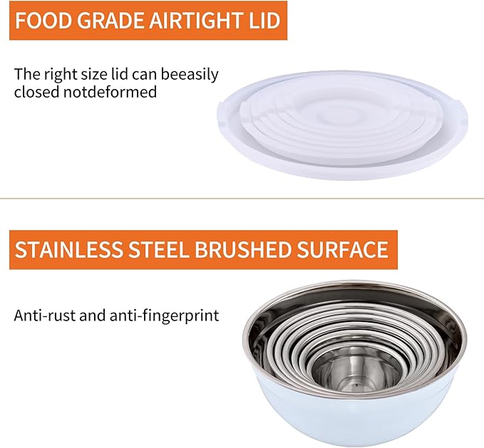White Mixing Bowls With Airtight Lids,Stainless Steel Bowl,Salad Bowls 7 Piece Colorful Nesting Bowl Rainbow Kitchen Accessories,Size 7,3.6,2.7,2.1,1.5,1.1,0.8QT Stackable Design
