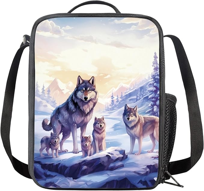 Dolyues Wolf Pattern Bookbag Backpacks Casual Daypack with Lunch Bag Pencil Case Set 3 Piece Backpack Set for Pre-School Girls & Boys Cool Kids 17" School Bag