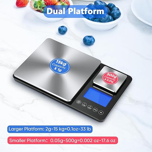 Dual Platform Digital Kitchen Scale, 15kg & 500g Food Scale for Baking, Cooking, Keto and Meal Prep, Weight Balance Alimentaire with 1g & 0.01g Accuracy and LCD Display, Grams and Oz