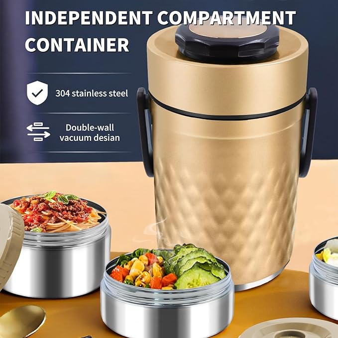 67oz Thermos for Hot Food, 3 Layered Stackable Insulated Lunch Box, Soup Thermos Jar Comes with an insulated bag, suitable for office lunches and outdoor dining, among other uses (Gold)