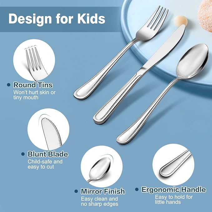 TeamFar Toddler Utensils, 12 PCS Stainless Steel Toddler Silverware Small Kids Cutlery Set for Home School Travel Use, with Line Patterned Edge, Child Safe & Non Toxic, Dishwasher Safe