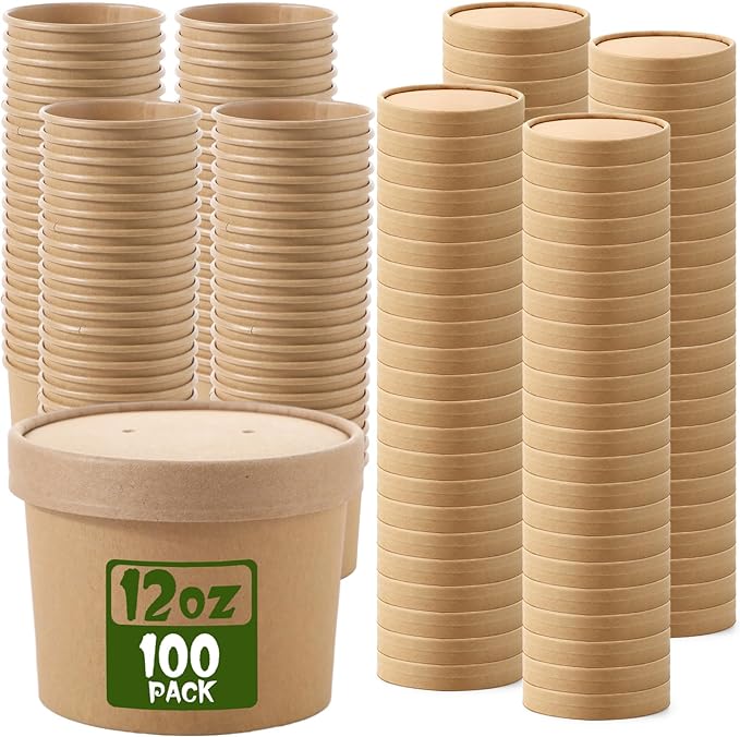 Fulmoon 100 Pack Paper Soup Containers with Lids Disposable Paper Food Containers with Vented Lids Kraft Ice Cream Bowls Soup Cup Ice Cream Cups for Restaurants(12 oz,Brown)