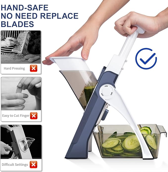 Safe Mandoline Slicer, Potato Vegetable Onion Slice, Julienne + Dicer for Vegetables, Kitchen Meal Prep With Thickness Adjuster Blue