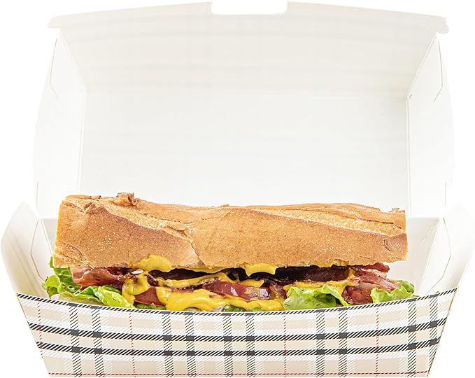 Restaurantware Bio Tek 6.7 x 3.5 x 3.5 Inch Clamshell Food Containers 100 Disposable Sandwich Containers - Hinged Lid Tab-Lock Closure Plaid Paper Hot Dog Containers Durable Greaseproof