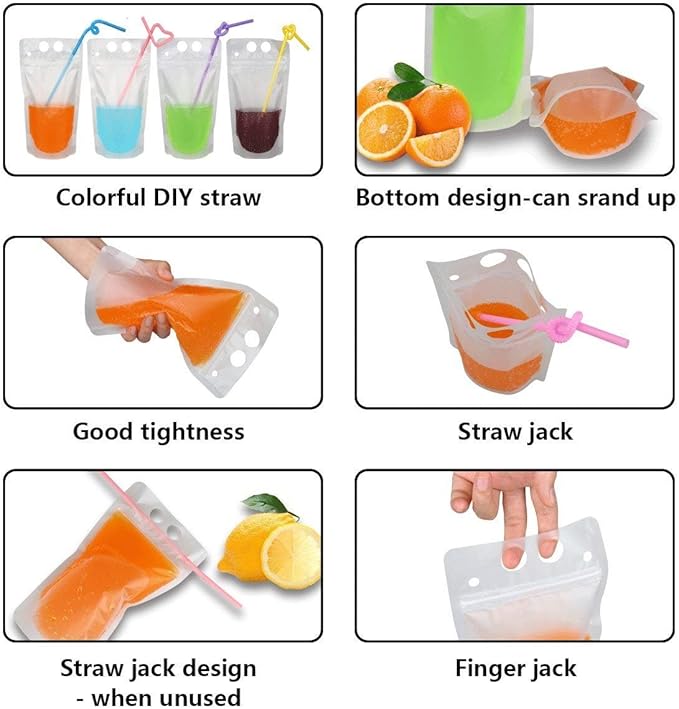 100 Pcs Zipper Plastic Pouches Drink Bags,Heavy Duty Hand-Held Translucent frosted Reclosable Stand-up Bag 2.4" Bottom Gusset with 100pcs Straws & Funnel Included