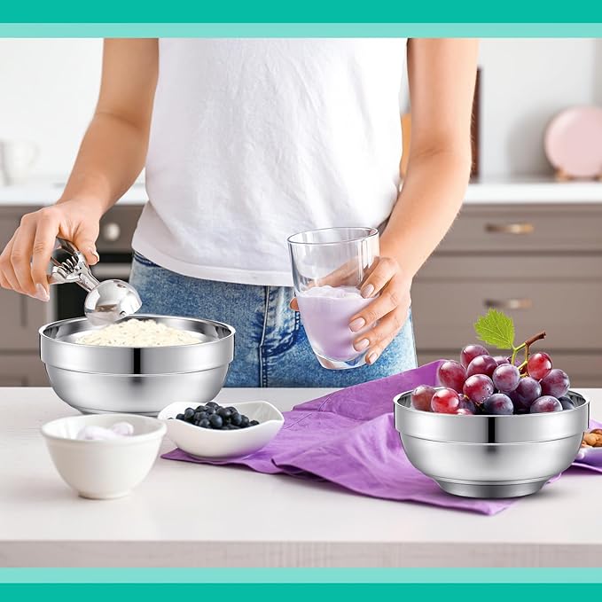 4 Pack 24 Oz stainless Steel Bowls Double Walled Insulated Soup Ice Cream Metal Mixing Nesting Bowls for Serving Soup Rice Cereal
