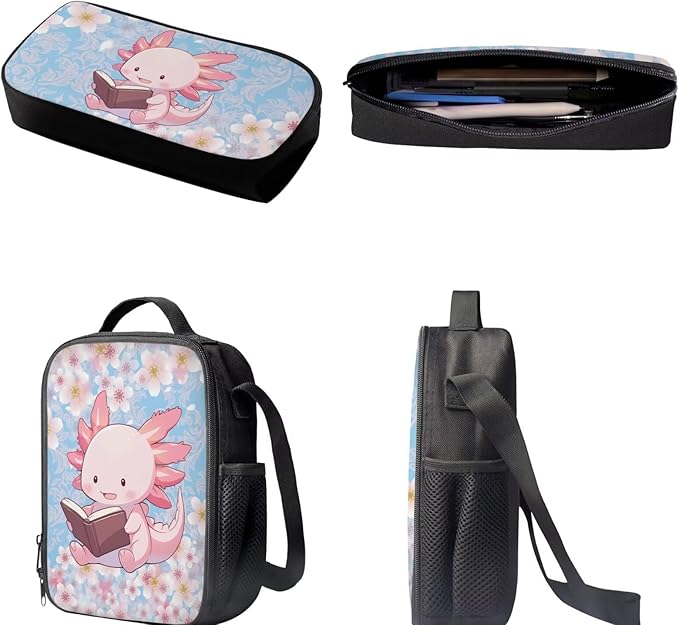 Dolyues Cherry Blossom Axolotl Cute Girls' Backpack Set for Elementary School - 3-Piece Bookbag with Lunch Bag & Pencil Case - Stylish and Functional School Essentials for Kids
