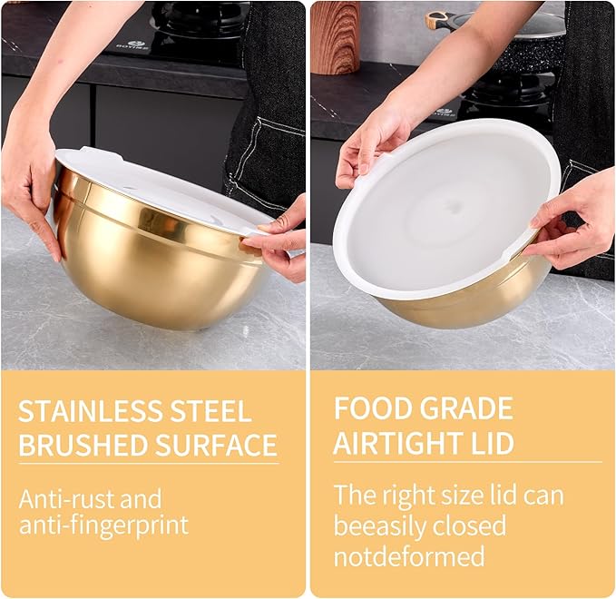 4-Piece Gold Stainless Steel Mixing, Cereal, Dessert, Rice, Fruit, Dipping Bowl Set With Airtight Lid, Unbreakable Deep Soup Bowl