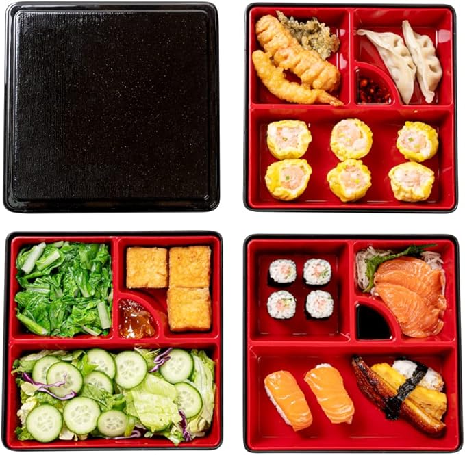 Restaurantware-8.3 x 5.9 Inch 5-Compartment Lunch Container, 1 Japanese Style Adult Lunch Container - 3 Stackable Layers, Black & Red Plastic Divided Lunch Box, Greaseproof, Hot & Cold Food