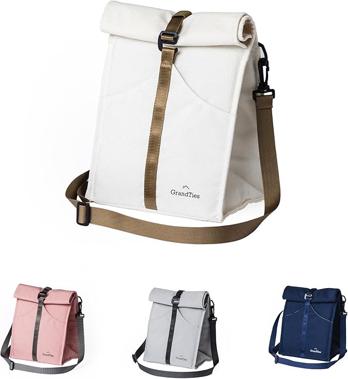 GRANDTIES Insulated Lunch Bag for Women, Men, Adults - Rolltop Leak Proof Meal Prep Lunch Box Containers, Reusable Snack Bags, Travel Cooler, Small Soft Cooler Bag, Fold Top Sandwich Bags, Ivory