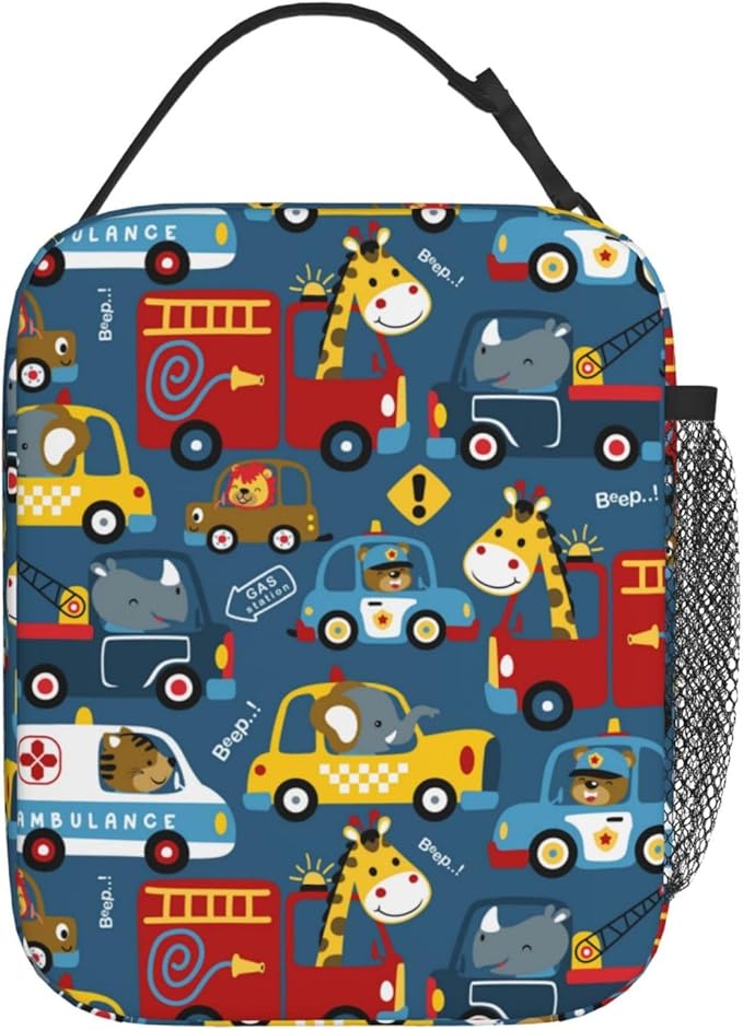 Insulated Lunch Box for Toddler Boys Kids Cars Lunch Box for Work,Picnic,School,Travel,Hiking,Beach or Fishing Polyester Funny Animal Driver Cars Theme Lunch Bag