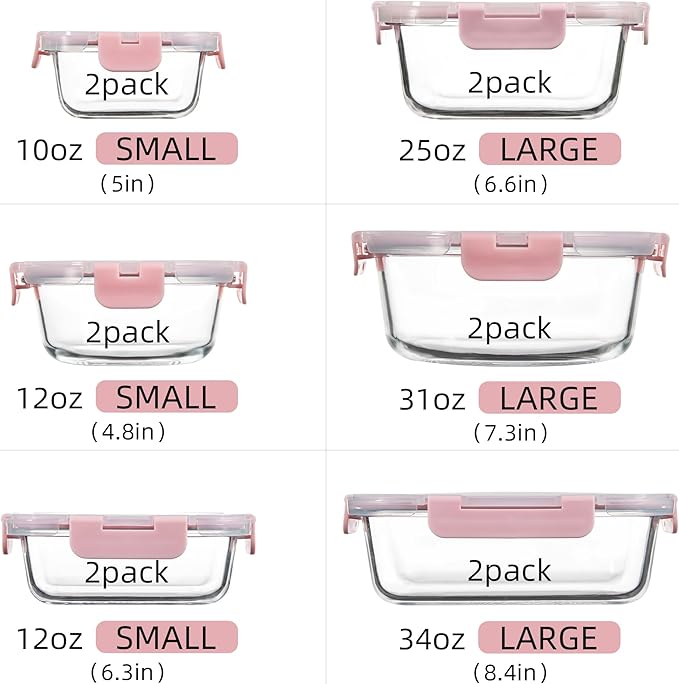 Glass Meal Prep Containers Set of 12 Food Storage Containers for Lunches, Dishwasher Safe, Pink
