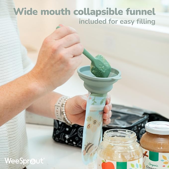 WeeSprout Double Zipper Reusable Food Pouches, Perfect for Babies & Toddlers, Freezer & Dishwasher Safe (Educational, 3.4 Fl Oz (Pack of 6) + Pouch Filler)
