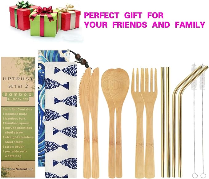 Uptrust Bamboo 2 Set Travel Utensils - Reusable Cutlery with Case, 7.8 Inch Knife, Fork, Spoon, 3 Colors Metal Straw - Golden Straw