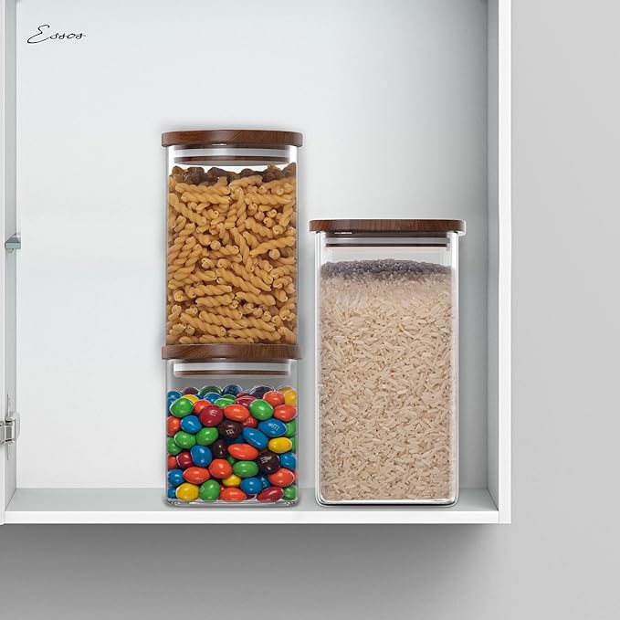 Glass Jars with Wood Lids Set of (2) 60 fl oz Canisters Airtight and Stackable Storage Containers for the Kitchen or Pantry Canister Wooden Acacia Lid holds Food Cookies Coffee Spaghetti Pasta