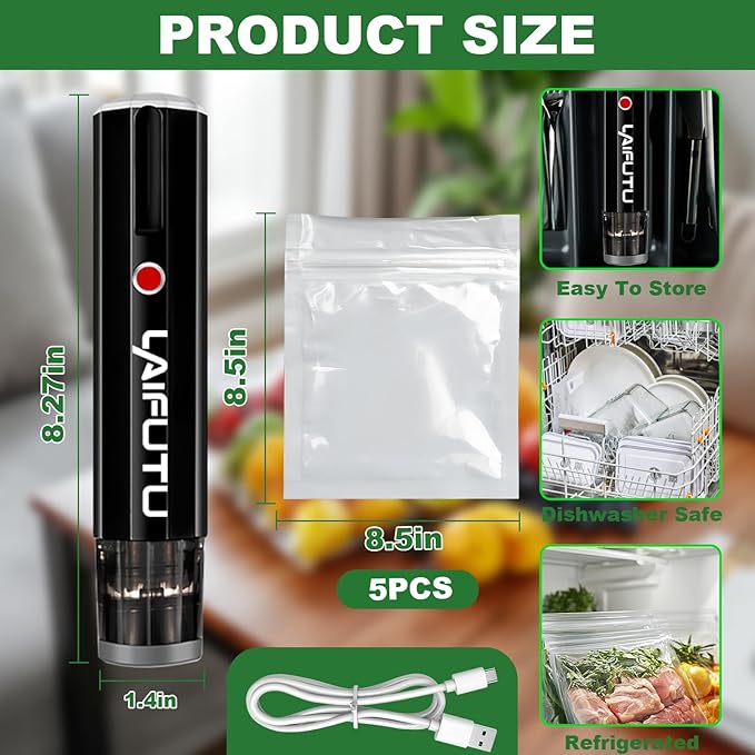 Vacuum Sealer with 5 PCS Reusable Sous Vide Bags, Handheld Compact Vacuum Sealer For Food Preservation, Portable Cordless Sealer Machine Food Fresh for Preserving Vegetables, Fruits, Black