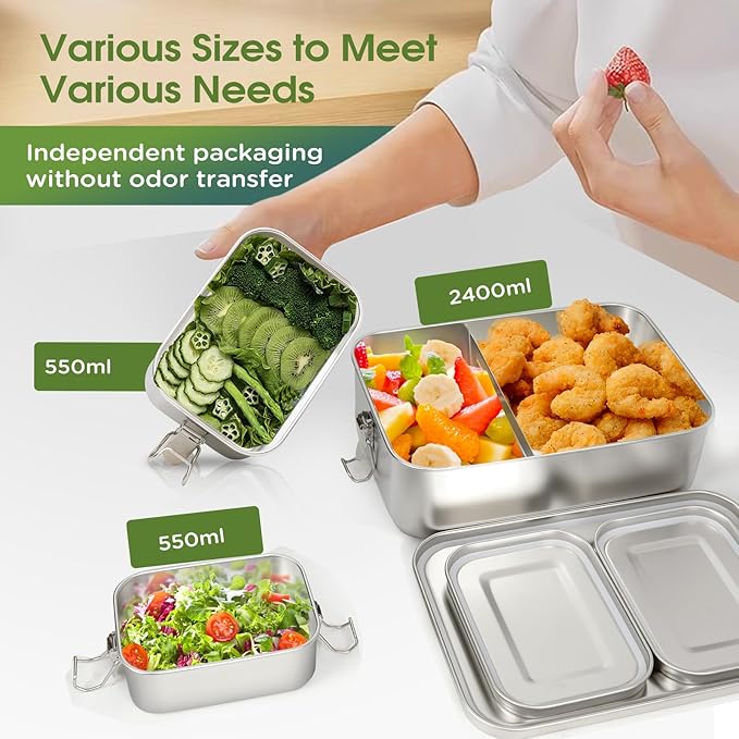 304 Stainless Steel Bento Box 3 Pack Stainless Steel Containers With Lids 2400/550/550ml,Leak-Proof & Stackable Storage Stainless Steel Food Storage Containers for Soup Salad Leftover