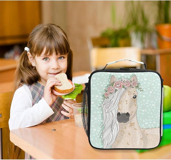 Pfrewn Cute Horse Lunch Box Unicorn Animals Flowers Fairytale Insulated Lunch Bag Reusable Cooler Meal Prep Bags Lunch Tote with Shoulder Strap for Office Adults School Kids Girls Teens