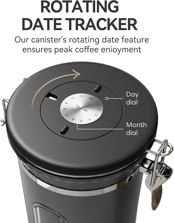 Veken Coffee Canister with Window,Gifts for Dad,Airtight Stainless Steel Kitchen Food Storage Container, Date Tracker & Scoop for Grounds Coffee, Beans, Tea, Flour, Cereal,Sugar,22OZ,Grey
