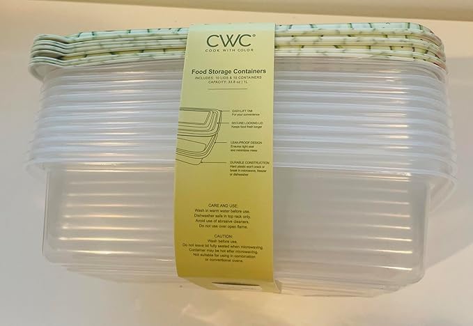 COOK WITH COLOR 20 PIECE PLASTIC RECTANGULAR FOOD CONTAINERS, 10 LIDS & 10 CONTAINERS CAPACITY 33.8 OZ (1L) 9 X 6 X 2 (HAPPY AVOCADO)