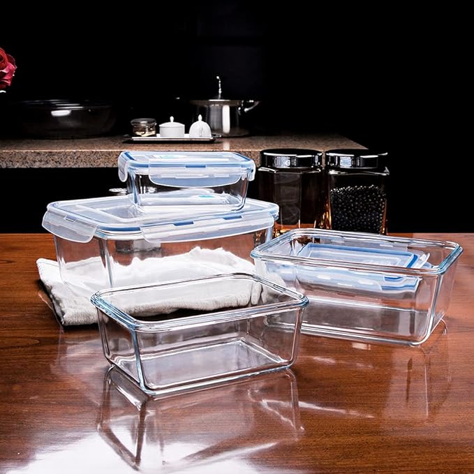 Extra Large Glass Food Storage Containers with Lids, Set-8-Piece Big Size Food Storage Box, Ideal for Storing Food, Vegetables, Fruits, Baking Cake & lot of other Tasty Food (Rectangular)