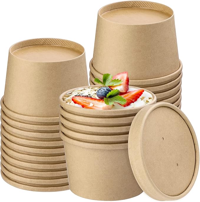 8 oz 25 pack Paper Soup Cup Disposable, Paper Food Containers with Lids, Kraft Ice Cream Container for Soups, Stews, Ice Creams, Sorbet and Salads