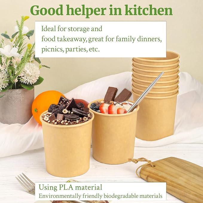 16 Oz Compostable Paper Bowls 25 Pack Biodegradable Disposable Heavy Duty To Go Bowls for Cold & Hot Food